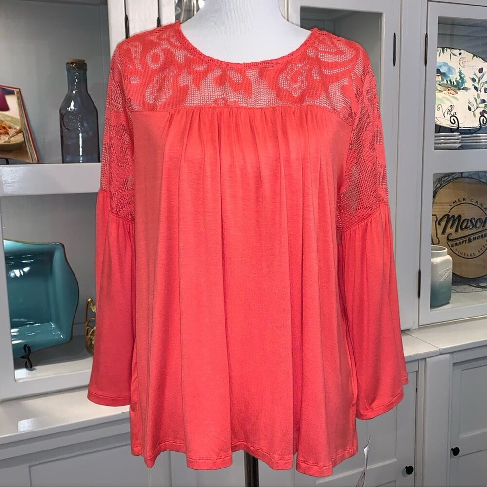 Hannah Top w/Lace & Bell Sleeves in Coral